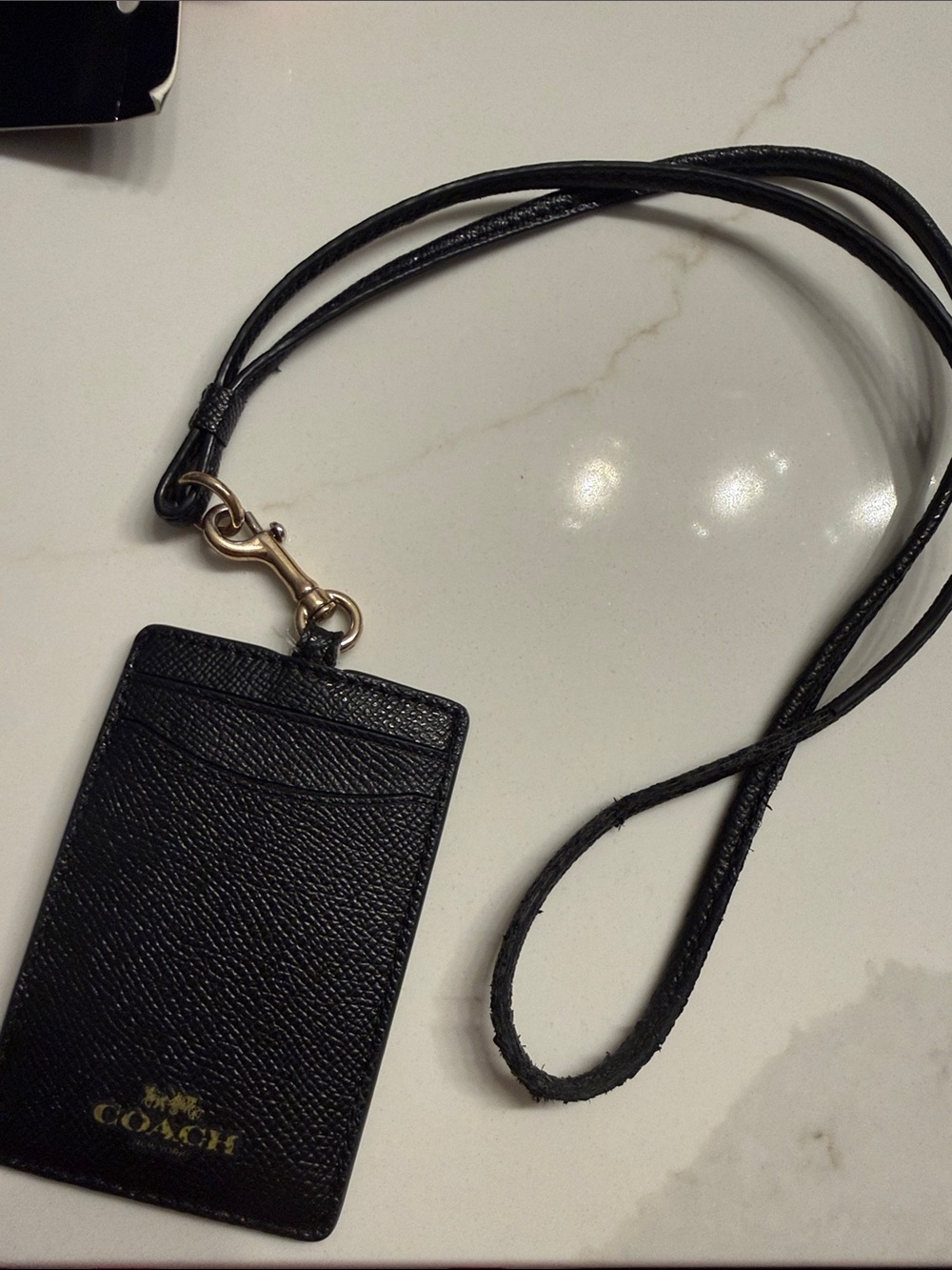 Coach Black Leather ID Lanyard Card Holder with Gold Hardware